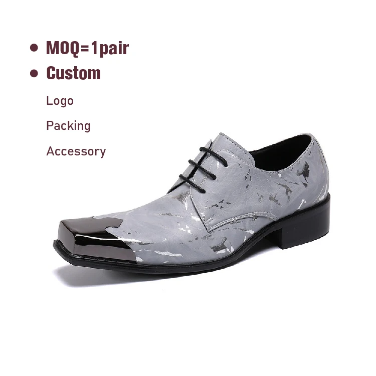 Pure Genuine Leather With Block Heel And Metal Square Toe Laceup Mens