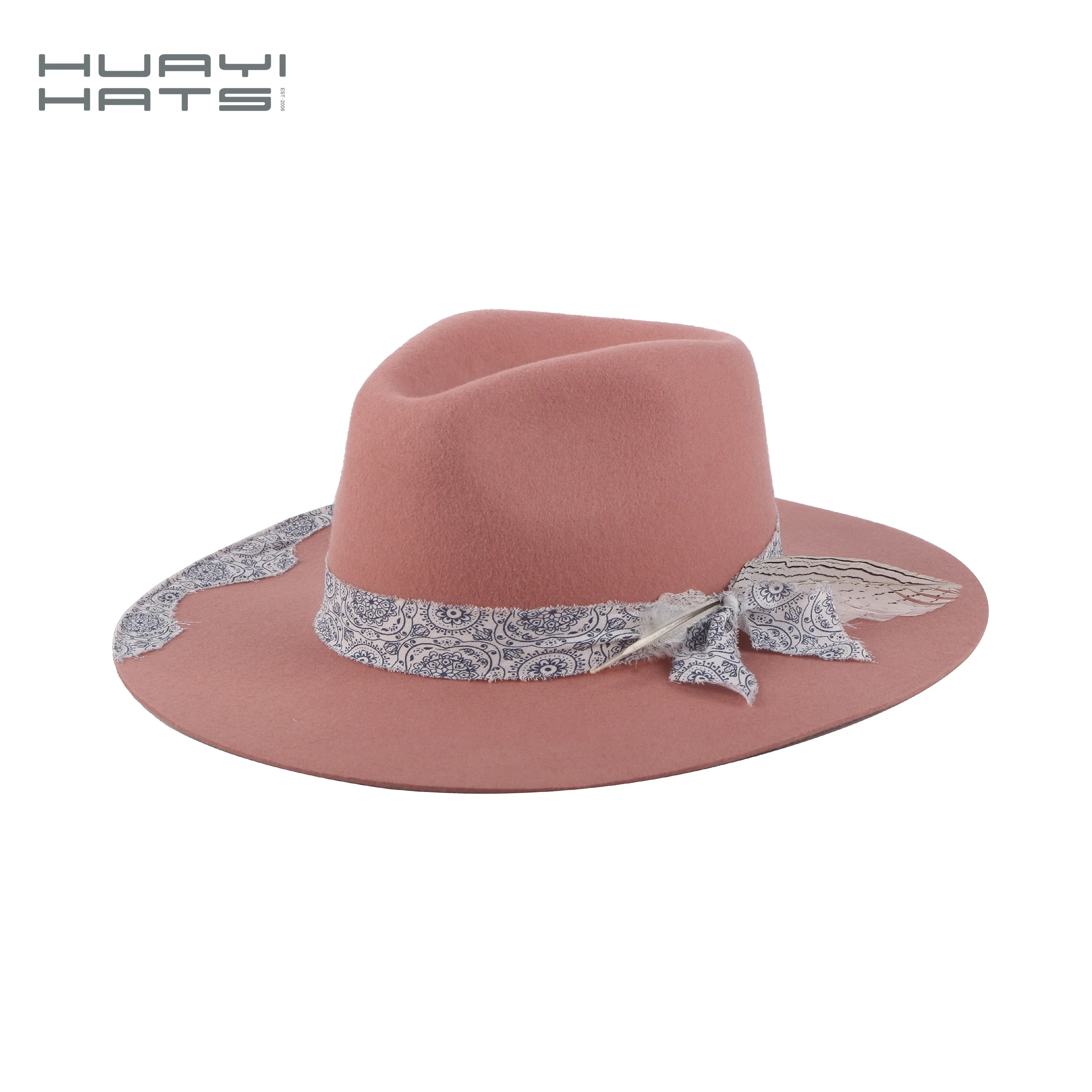 Huayi Hats 2023 New Fashion Wide Brim Felt Fedora Hats Spring Pink