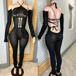Viviblook K23JP291 Sexy Women Bodycon Hot Selling Sexy Halter Lace up Hollow Jumpsuit Street Nightclubs One Pice Jumpsuit