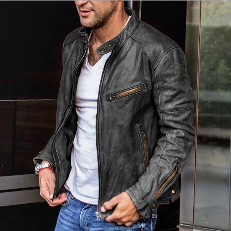 Men's Leather Jacket High-grade Stand Collar Motorcycle Style_voghion.com