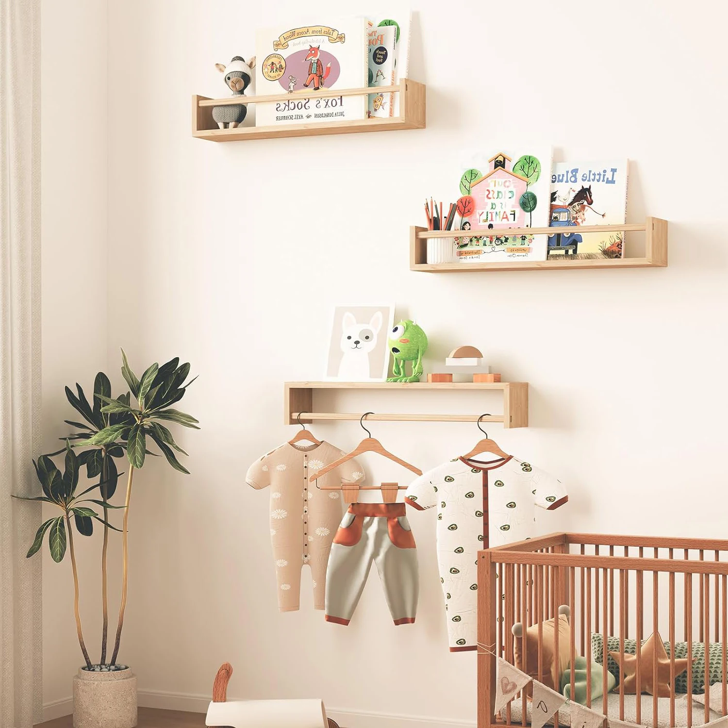 Set of 3 Nursery Shelves Floating Bookshelves Wood Wall Mounted Shelves Nursery Decor Solid for Wall Baby Carton Iron Customize