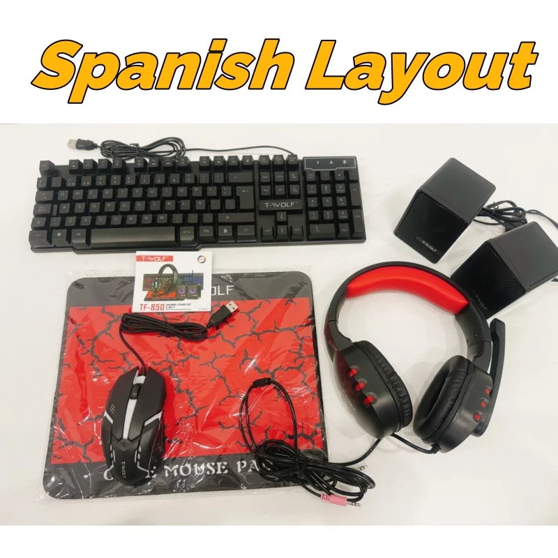 T-WOLF TF850 Gaming Keyboard Mouse and Gaming Headset and Speaker Mouse Pad Wired RGB Backlight Keyboard Combos for Computer PC