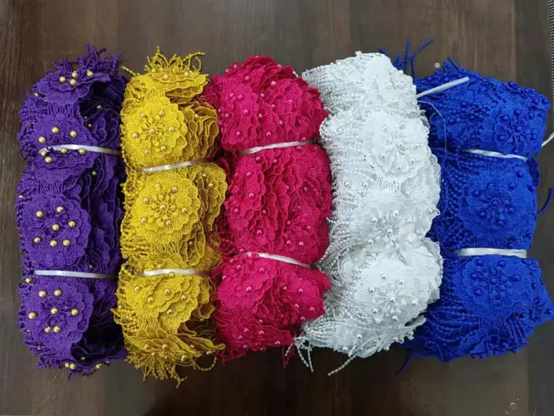 Wholesale 100% Polyester Embroidery Multi Colors Fringe Lace Pearl Beaded Tassel Lace Trim for Dress