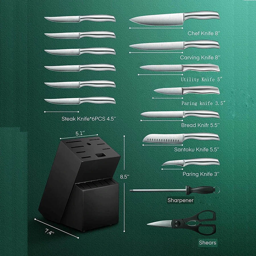 K0513 Comfortable Hollow Handle Black Wood Knife Stand 16 Piece Stainless Steel Kitchen Knife