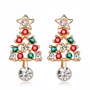 HOVANCI Newest Arrival Colorful Diamond Christmas Tree Drop Earrings Rhinestone Crystal Christmas Tree Stud Earrings