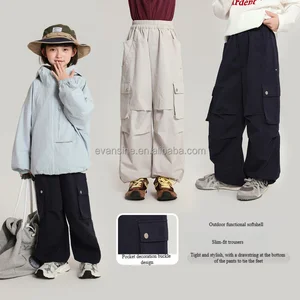 Customizable Kids Girls Outdoor Functional Cargo Pants Multiple Pockets Drawstring Hem Casual Everyday