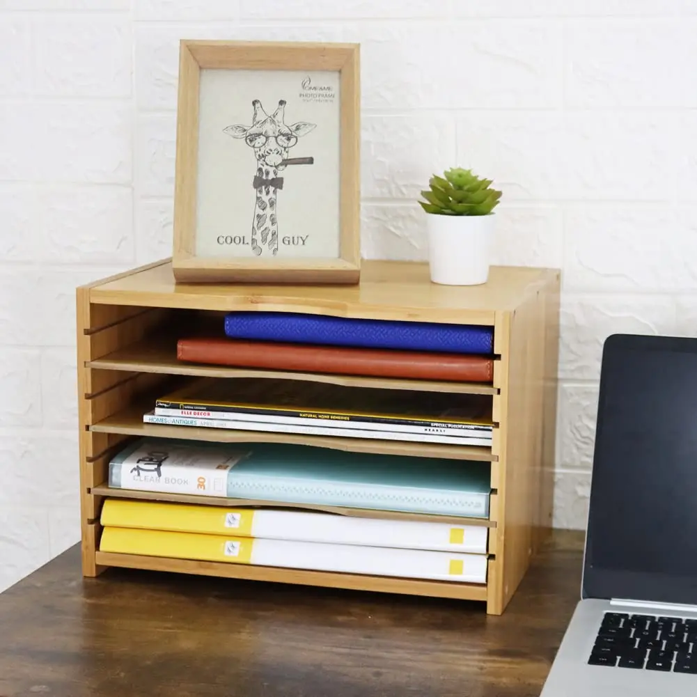 5-Layer Bamboo Desktop File Storage Rack Multi-Function Foldable File ...
