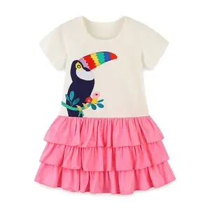 OEM Customized Cotton Short Sleeve Summer Girls Dresses Embroidery Logo 2-14 Years Children's Clothing