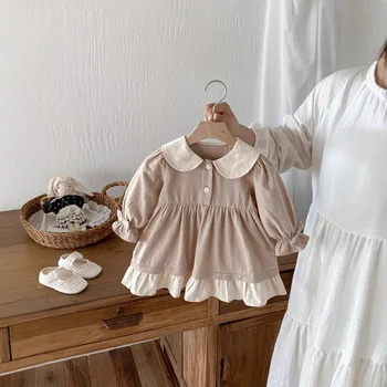 2025 Autumn New Girls Dress Korean Western Style Princess Dress with Lace Collar Long Sleeves Solid Pattern for Children