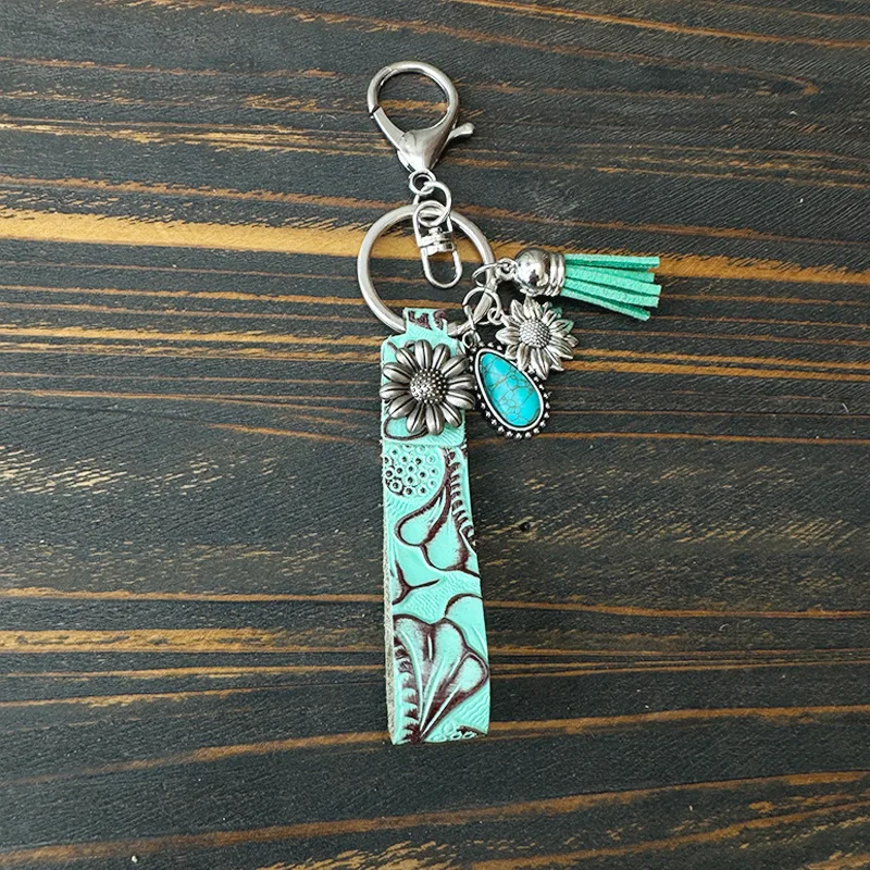 Retro Embossed Turquoise Ox Head Cactus Flower Tassel Western Cowboy Keychains Pu Leather Wristband Keychains for Men Pendant