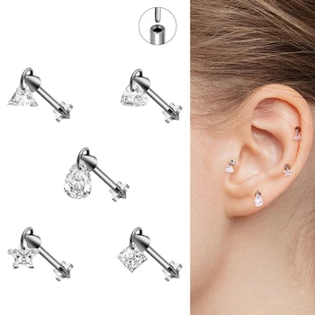 New Trendy ASTM F136 Titanium Zircon Pendant Heart Five Star Shaped Push in Style Piercing Nose Stud Helix Tragus Lobe Earrings