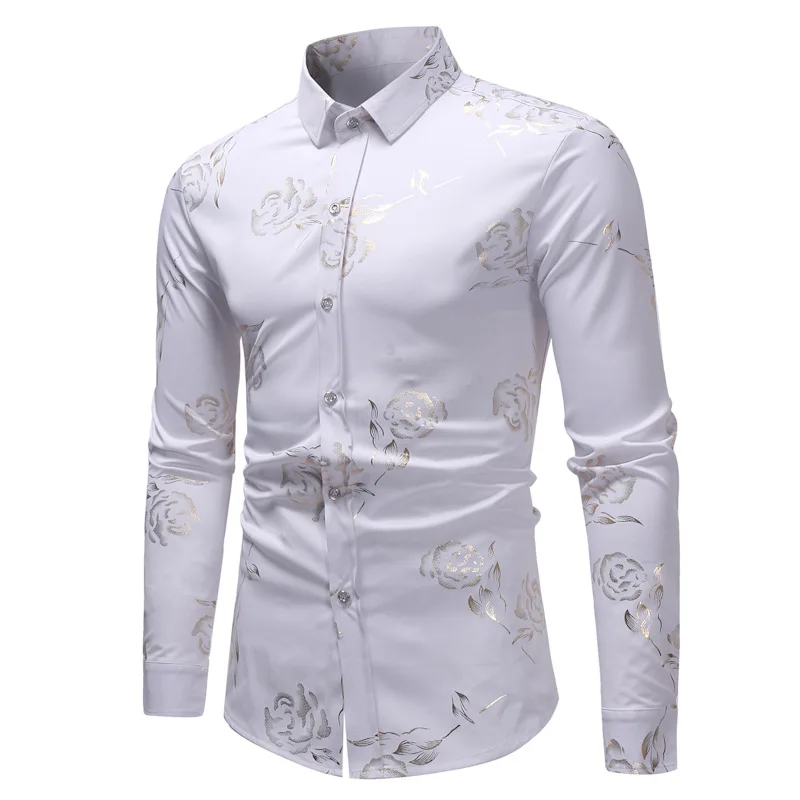 Hot Personality British Wind Rose Print Mens Autumn and Winter Long-Sleeved Shirt