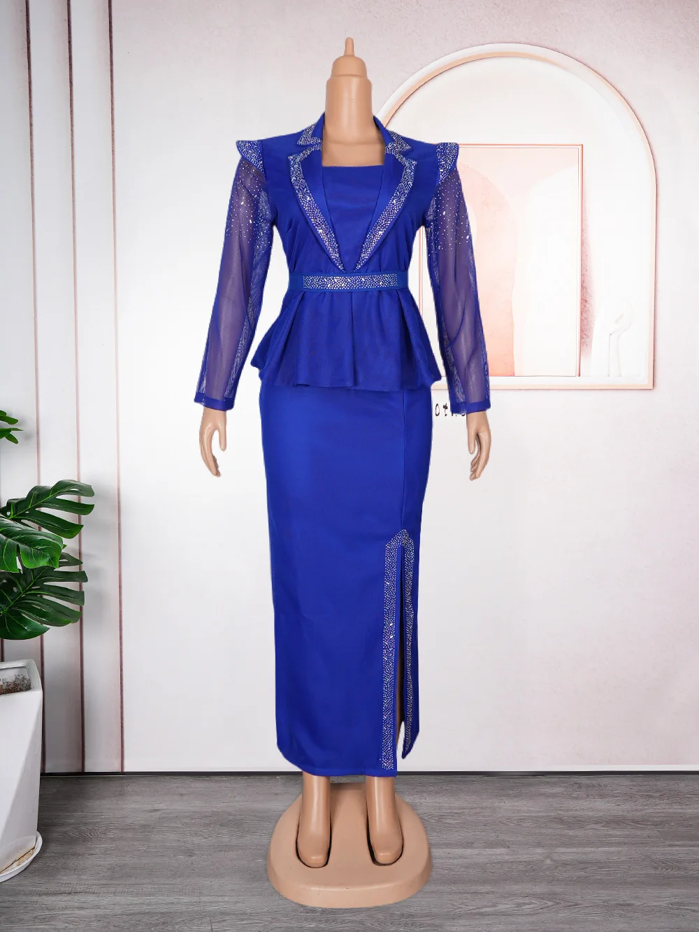 European and American Cross-border Mesh Hot Diamond Temperament Professional Women's Large Size African Fake Two-piece Dress