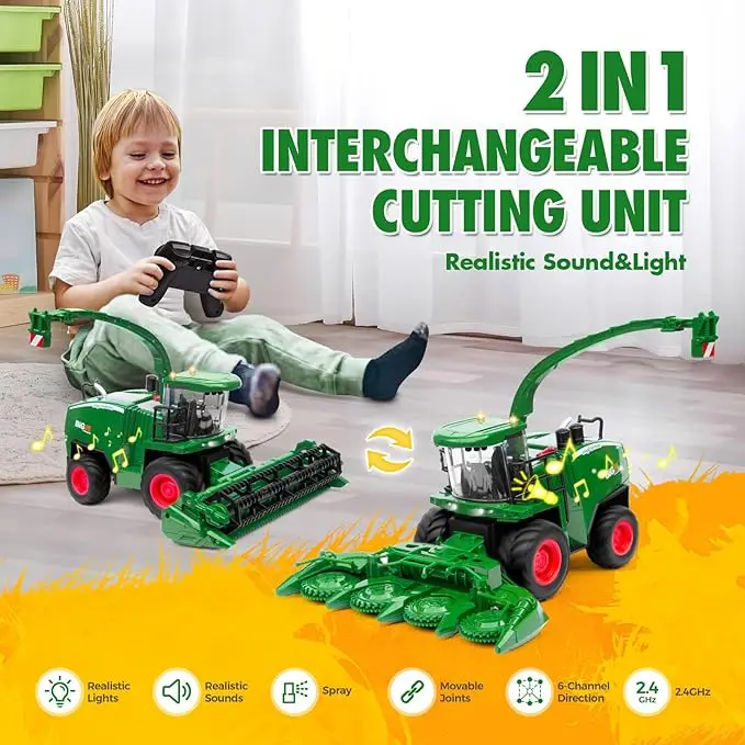 Tracteur Telecommandé Enfant, Moissonneuse-Batteuse Télécommandée avec Lumière et du Son, 2,4 GHz, 1:24, Tracteur Moissonneuse de Ferme, Cadeaux de Fête Maishäcksler pour Enfants 3 4 5 6 Ans
