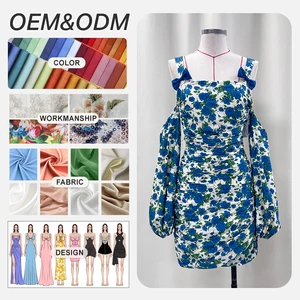 Custom New Design Summer French Women Square Neck Tie Ruffle A-line Dress Floral Printed Bubble Sleeve High Waist Mini Dresses