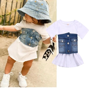 1-6Y Summer Kids Baby Girls Clothes Sets Short Sleeve T-Shirt Dress+Denim Waistband Vest 2Pcs Fashion Girl Outfits Party