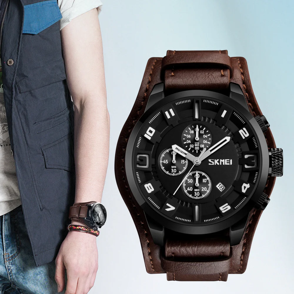 High Quality Big Strap Leather Watch Mens Watches Japan Mov't Quartz  Relojes Skmei 9165