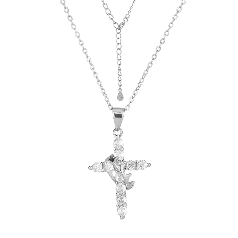 Rotating Dainty S925 Sterling Silver Cross Crown Pendant Charm Clavicle Chain Zircon Fine Jewelry Necklace for Women