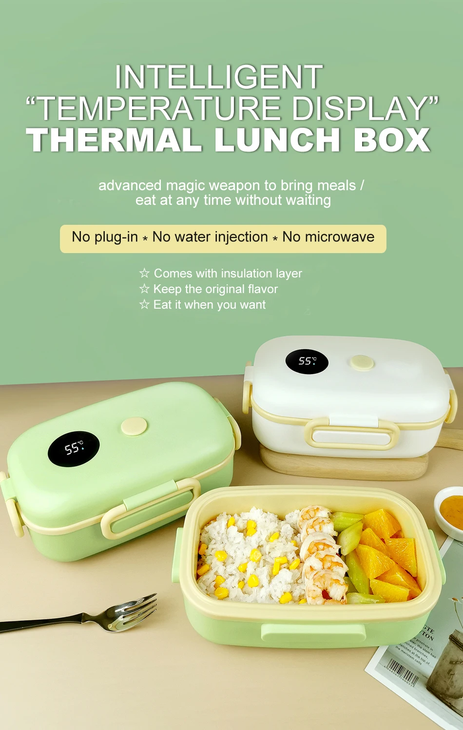 LULA Plastics 1000ML Intelligent temperature display thermal Food Containers Food Grade PP Lunch Box