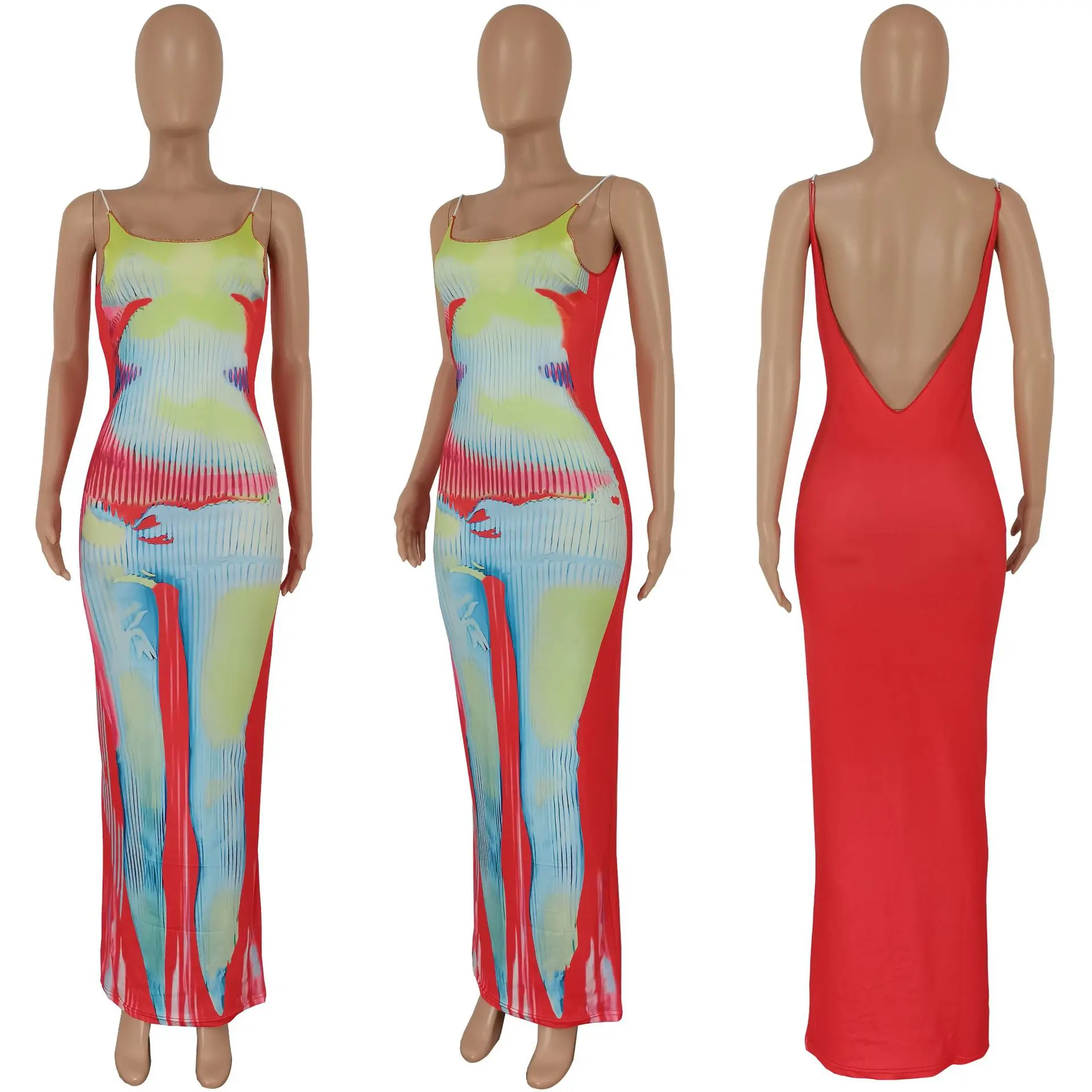 Women dress 2023 sleeveless halter backless printing maxi bodycon casual dresses for woman ladies