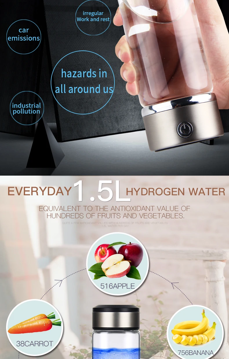 Portable Smart Rechargeable Hydrogen Rich Water Bottle Generator