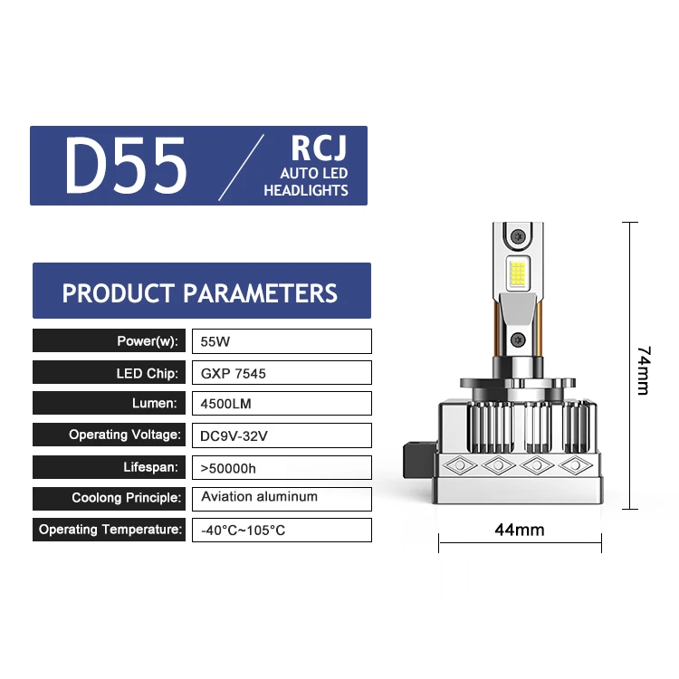 RCJ 12V New 6000K 55W 4500LM Aluminum IP68 Waterproof LED Headlights D50 D55 D1S D2S D3S D4S Auto Bulbs