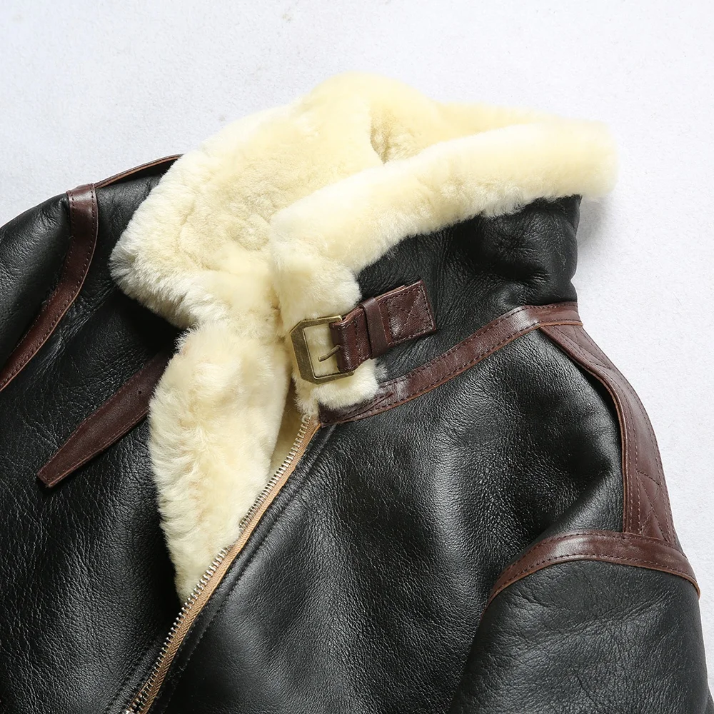 Men's Sheepskin A2 Pilot Jacket - Winter Fur Coat With Lapel_voghion.com