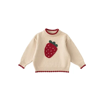 Girls' Pullover Sweater Red Christmas Autumn and Winter New Children's Strawberry Knitted Long-sleeved Baby Top