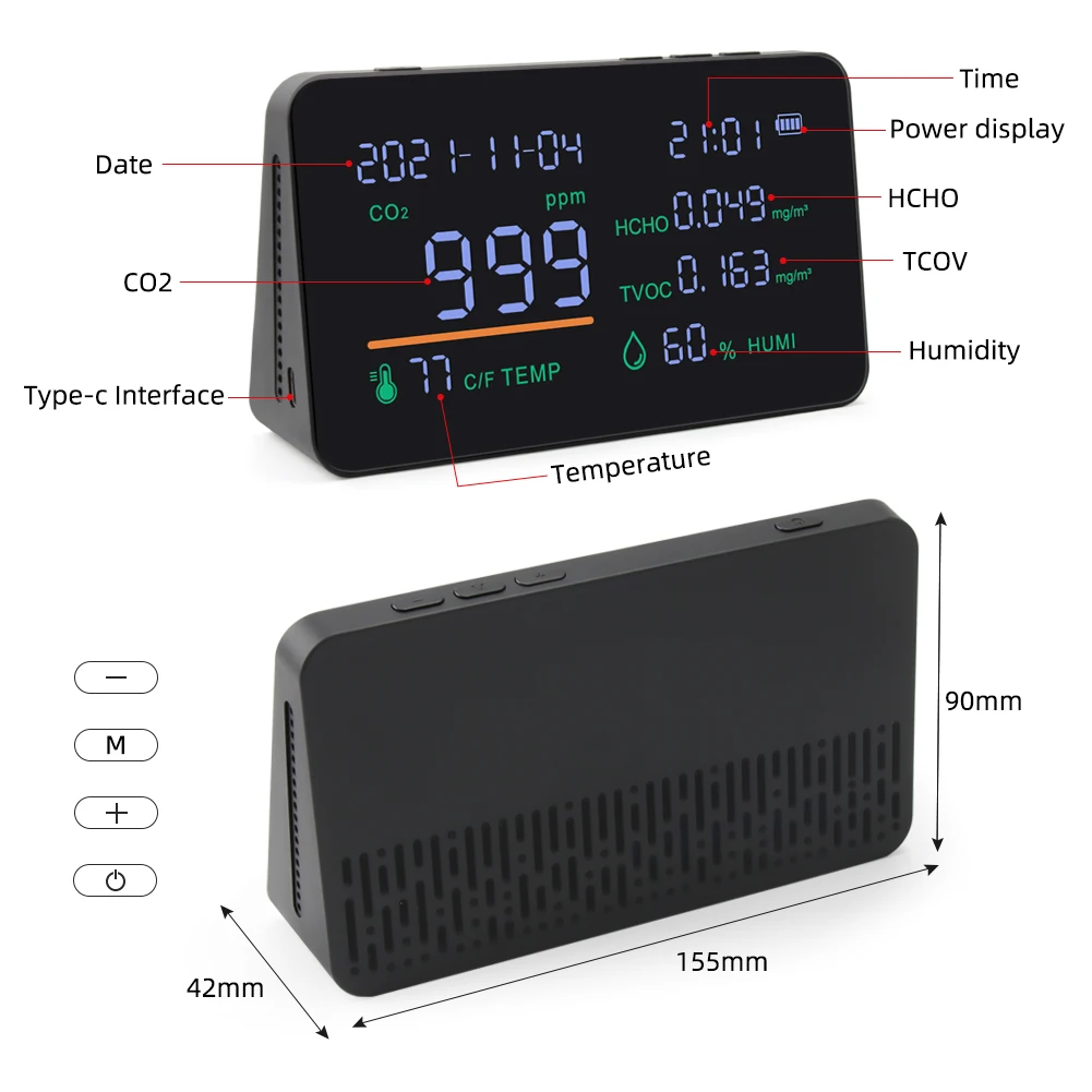 7-в-1 многофункциональный измеритель CO2 TVOC HCHO, тестер качества воздуха и газа, детектор температуры и влажности с ЖК-дисплеем, монитор загрязнения
