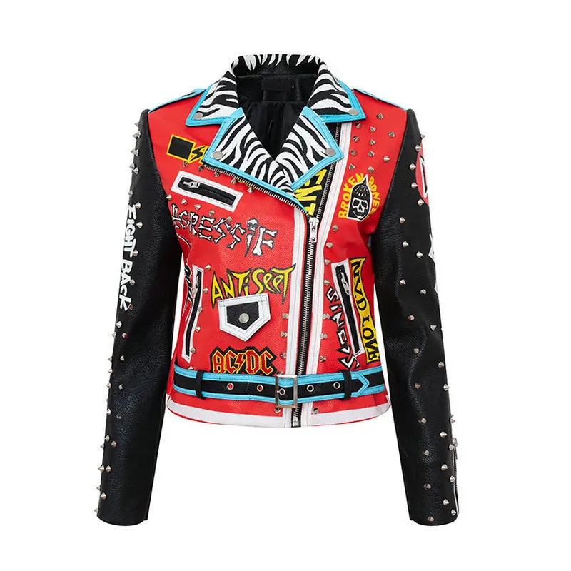 Professional New Design Fashion Custom Printing Graffiti Rivet Leather Jacket for Women