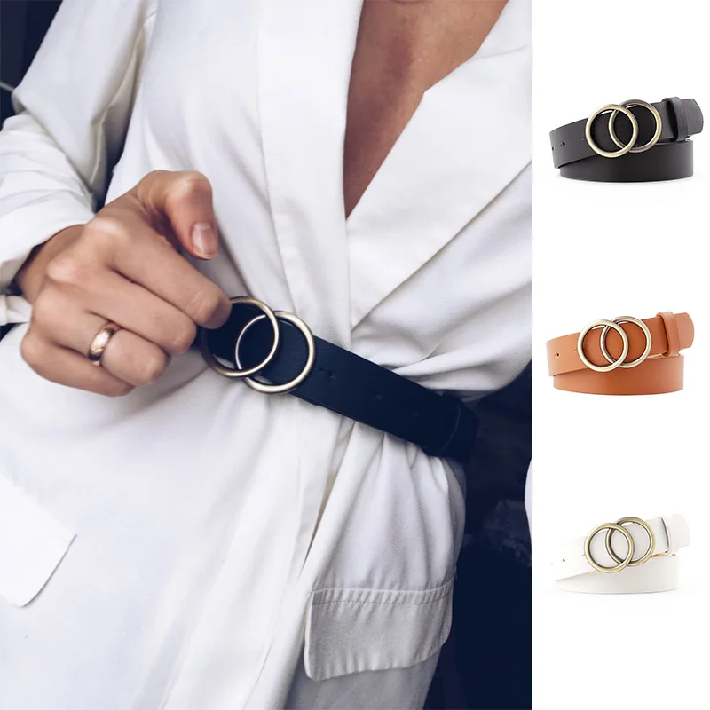 Double Ring Belts For Women Fashion Dress Jeans Belt PU Leather Metal  Buckle Heart Pin Waist Belts Lady Girls Leisure Waistband