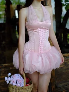 Bettergirl Vietnam Fashion Luxury 2026 Spring New Satin Patchwork Mesh pink Charming Women Dress Halter Sexy Party Short Dress