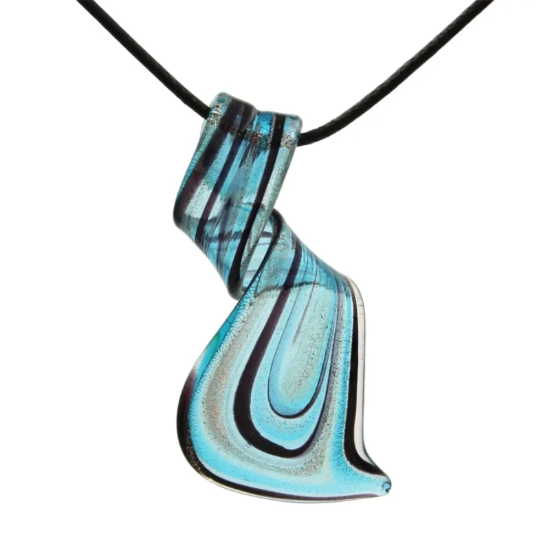 Blown Murano Glass Lampwork Art Twisted Curl Artisan Handmade Necklace Pendant Aqua Blue Gift for Women