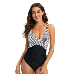 2026 Custom Women's Striped Strap One Piece Swimwear Set Sexy Bikini Triangle with Front Logo Print