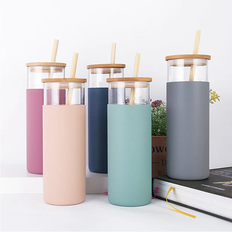 17oz Silicone Sleeve Glass Water Bottle With Bamboo Straw And Lid