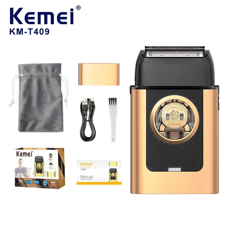 Rasoir électrique KEMEI KM-T409 pour rasage total, rechargeable, batterie de 2000 mAh, lame en acier inoxydable, 2 lames, moteur sans balais à 8000 tr/min, rasoir pour barbe destiné aux hommes.