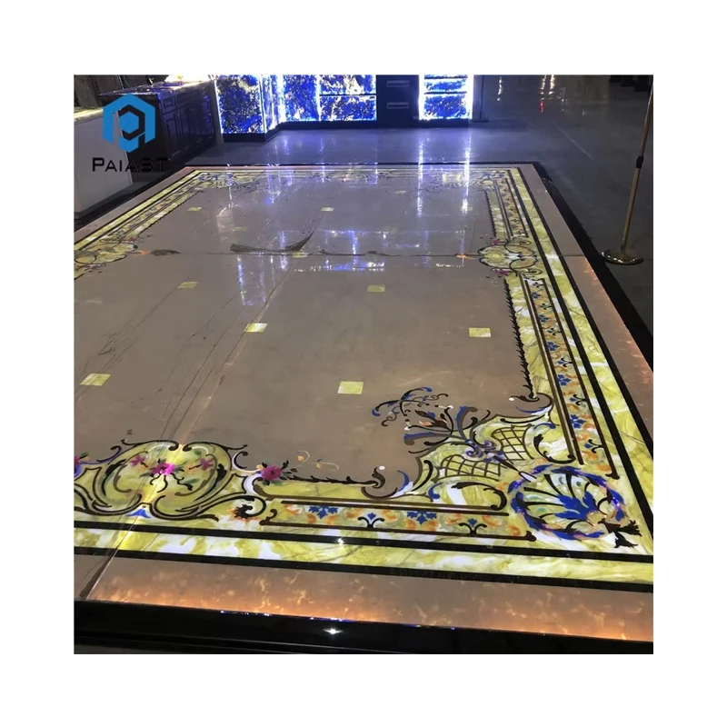 Rekabentuk lantai jubin: jubin marmar oniks putih dan oniks hijau dengan corak jet-air, hiasan lantai marmar berwarna krem