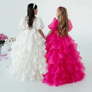 MQATZ Princess Style Satin Ball Gown First Communion Party Flower Girl Dress with Puffy Bow O-Neck Formal Style