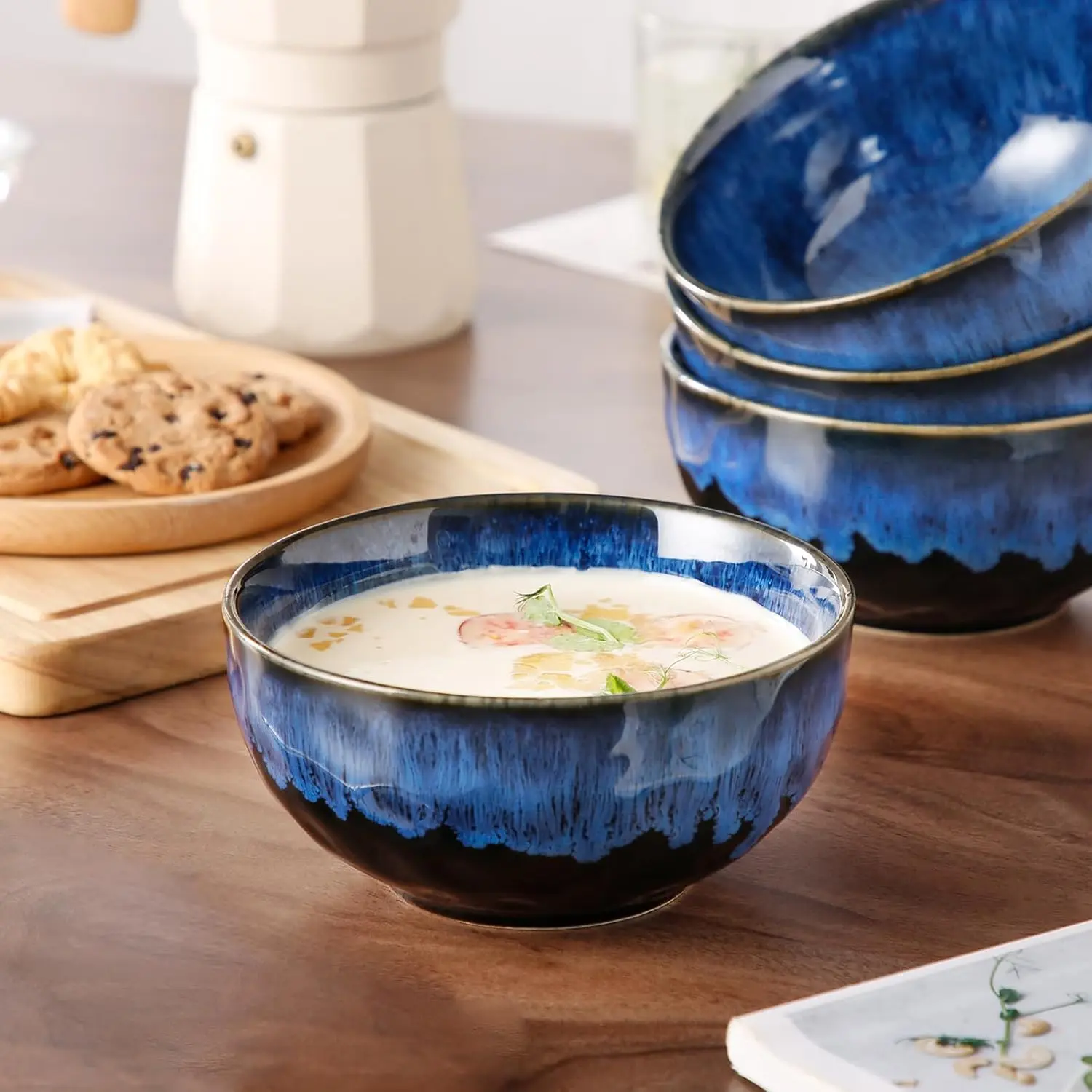 Customizable ceramic soup bowl set of 4, lead-free, non-toxic, dishwasher and microwave safe, blue, color customizable