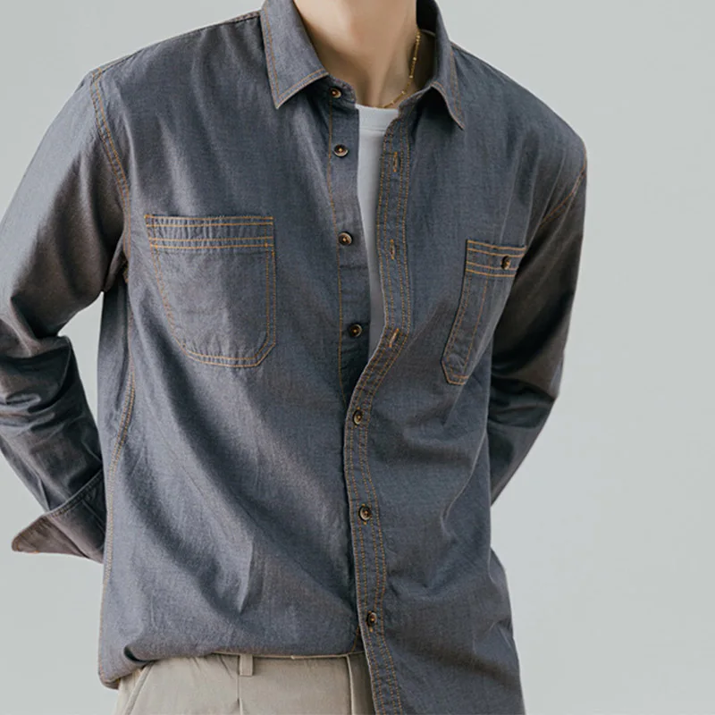 American Vintage Denim Shirt Men's Cotton Double Pockets Men's Shirts Work Style Long Sleeve Shirt Man