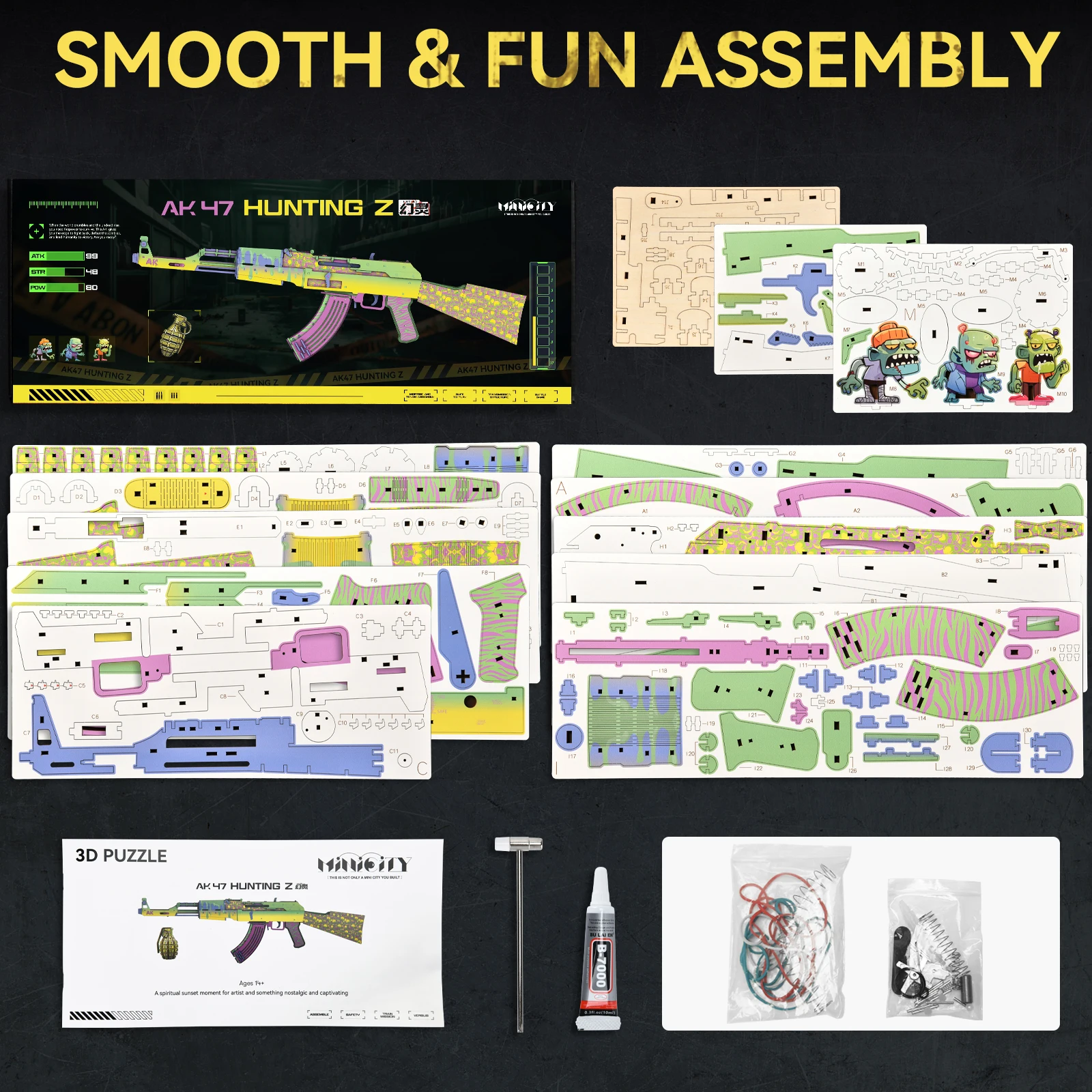 Minicity 3D Wooden Puzzle Model Kit - AK47 Hunting DIY Craft Kit