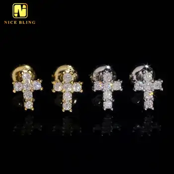 Religious Cross Design Earrings 925 Silver Hip Hop Jewelry Moissanite Diamond Ear Studs For Men Women Pass Diamond Tester
