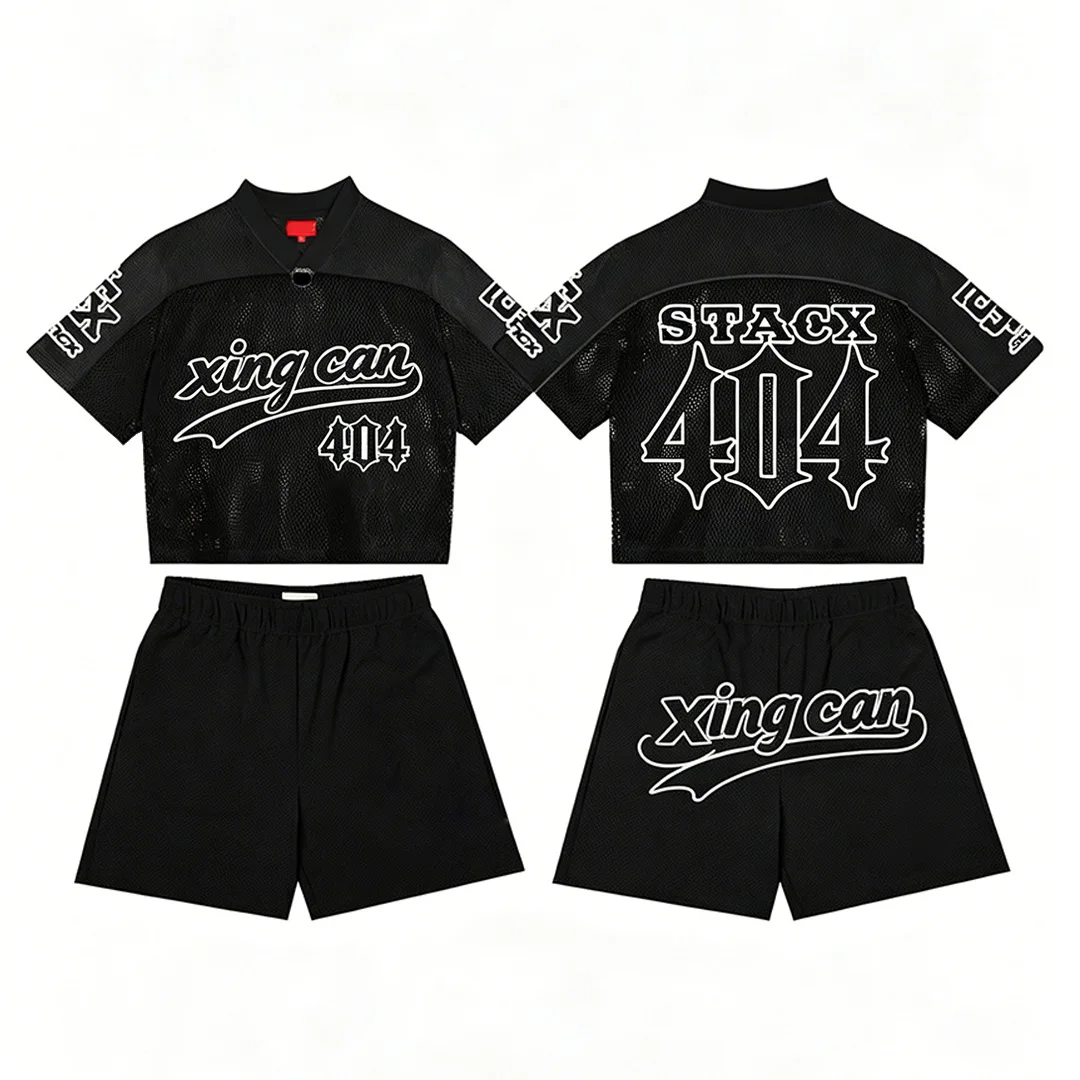 Fabriks-tilpasset 100 % bomuld streetstylesæt: DTG-digitalprint-T-shirt og shorts, tilpasselig med varmefikserede rhinestones og broderi