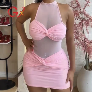 GX8862 Boutique 2026 Sexy Halter Mesh Patchwork Mini Dresses Summer Clothing Vendor Women Elegant Backless Sleeveless Dress