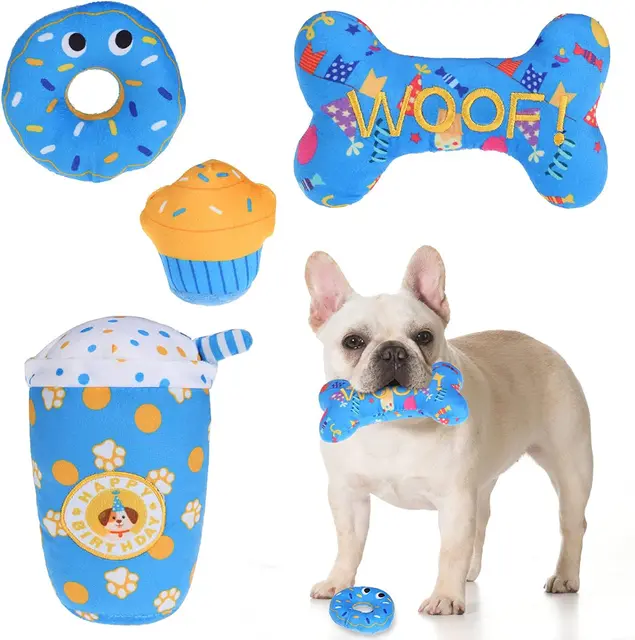High Quality Cute Design Dog Squeaky Milk Tea Cake Bone Donut Pet Birthday Gift Plush Toys