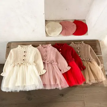 Autumn and Winter Sweater Cotton Fabric Baby Dresses Korean Style Ins Pure Cotton Mesh Dress Lace Casual Princess Skirt
