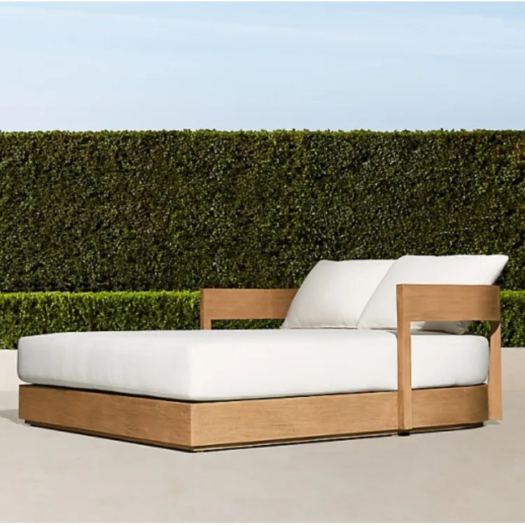 Swimming Poolside Furniture Double Seat Curved Backrest Solid Teak Wooden Outdoor Daybed