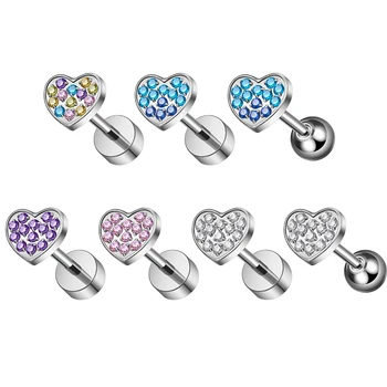 ASTM F136 Titanium Ear Studs 18G Heart Shaped Earrings CZ Paved Nose Stud Cartilage Helix Earring Labret Body Piercing Jewelry