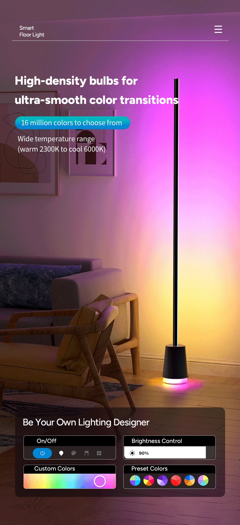 CLLighting1.65M RGBLED Floor LampHiFiSound RF Remote Built-in Speaker，Aluminum Metal Simplicity for Game Environment Decoration