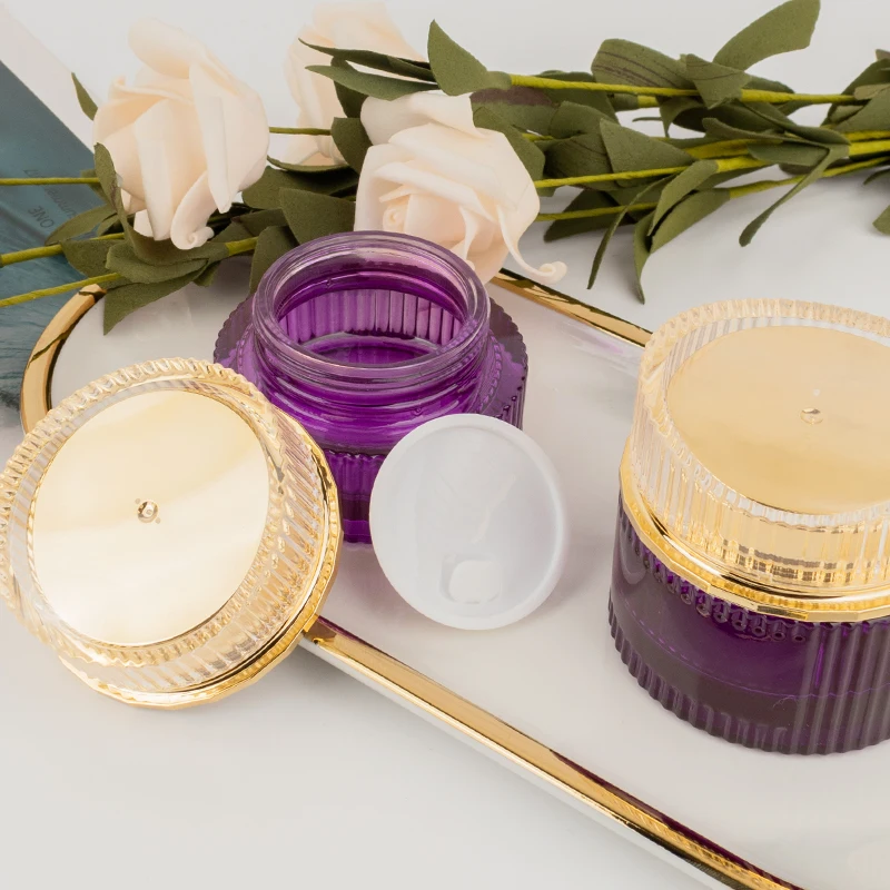 Purple Glass Bottle Skincare Packaging Lotion Serum Cream Containers Unique Empty Cosmetic Jar and Bottle Sets supplier